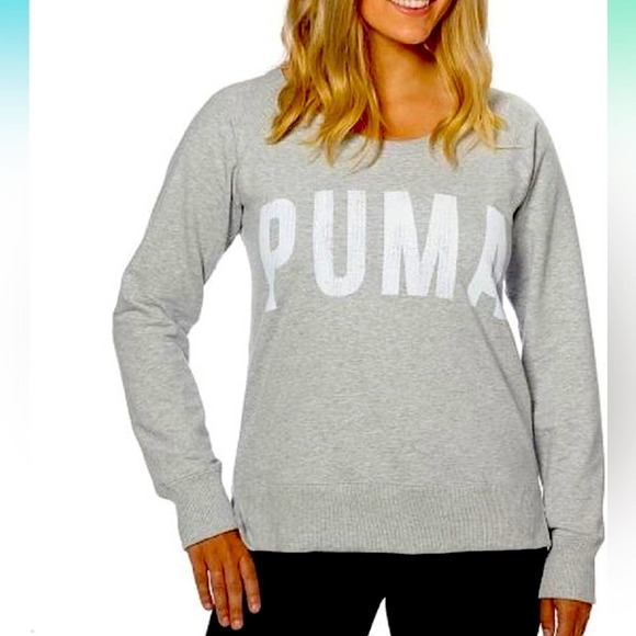 Puma Sweaters - Puma Women's Gray Long Sleeve Crew, Small, Logo, Light Sweatshirt, Athleisure
